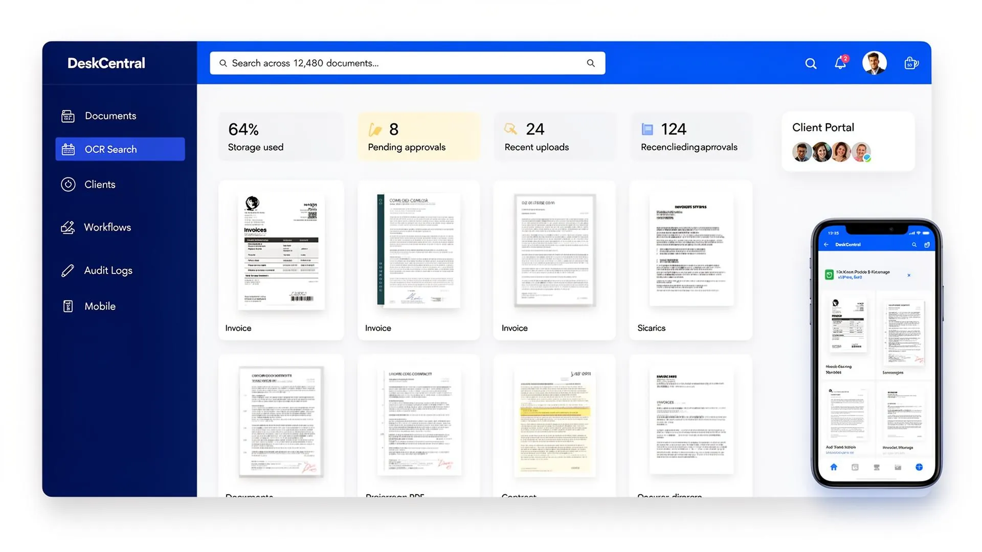 DeskCentral dashboard showing document management, OCR search, client portal and mobile app